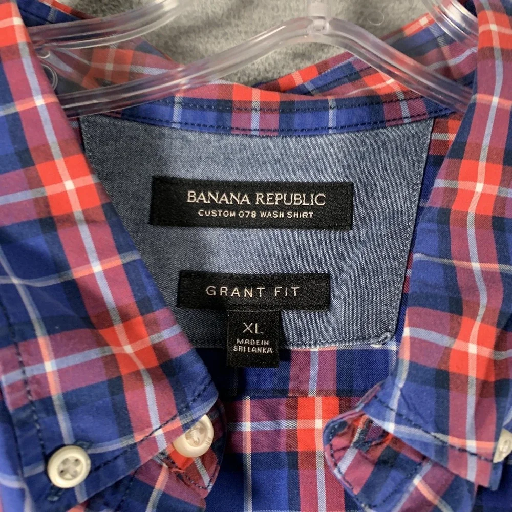 Banana Republic Shirt Mens XL‎ Blue Red Plaid Grant Fit Button-Down Short Sleeve